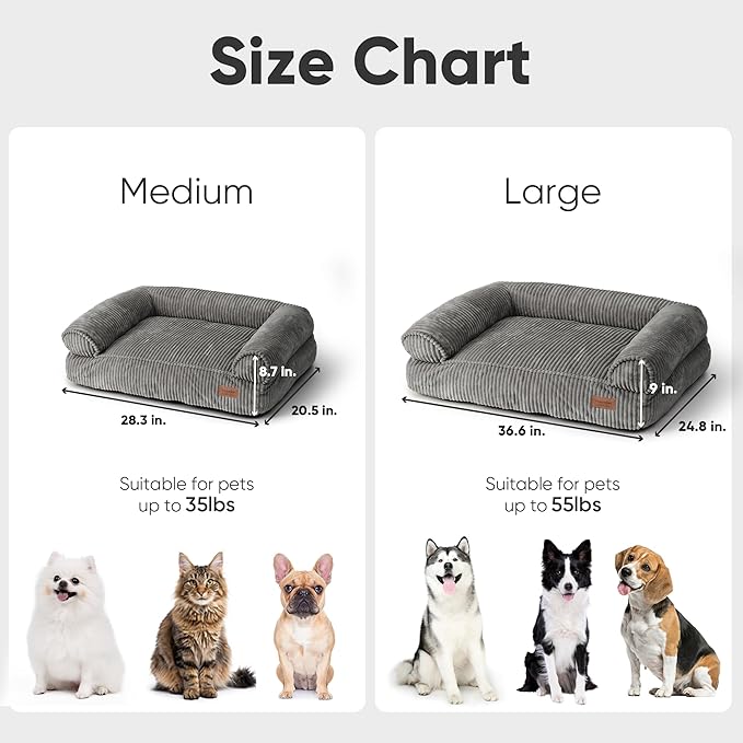 FUKUMARU Cute Dog Bed, Thickened Orthopedic Dogs Couch, 36in Egg Crate Foam Pet Sofa for Medium to Large Dogs, Waterproof Warm Corduroy Pet Bed with Washable Cover, Dark Grey