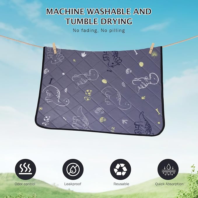 IEUUMLER Washable Pee Pads for Dogs, 2 Pack Non-Slip & Waterproof Pack Whelping Pad, Reusable Washable Puppy Potty Training Pad with Fast Absorbent for Playpen EU007 (Gray Dinosaur, 24"X18"-2pcs)
