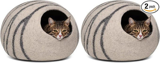 MEOWFIA Cat Cave – Premium Felt Cat Bed for Indoor Cats, Handmade 100% Merino Wool (Light Grey, Medium) (Pack of 2)