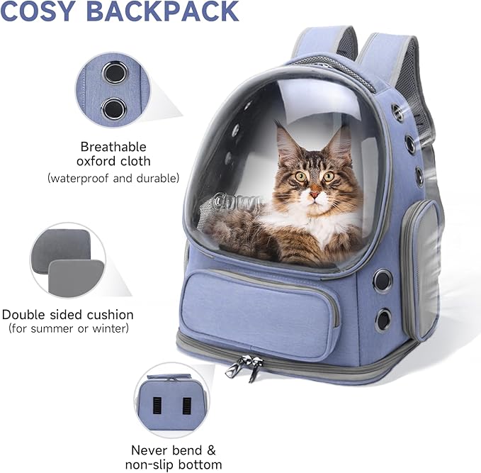 Cawypety Cat Backpack Carrier, Breathable Cat Carrier Large Space Bubble Pet Backpack for Kitty Small Dog up to 12lbs, Transparent & Foldable Pet Carrier for Travel Hiking (Blue