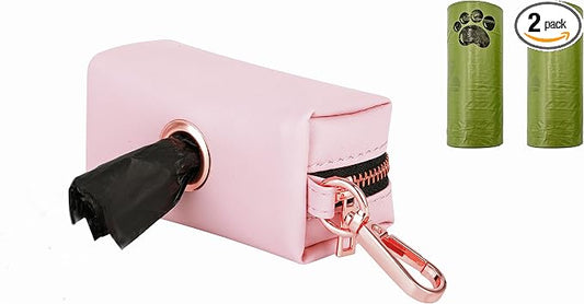 Dog Collar and Leash Set.Soft and Easy to Clean Vegan Leather with Rose Gold Metal Buckle for Small Medium Large Dogs (Pink-, Poop Bag Dispenser)