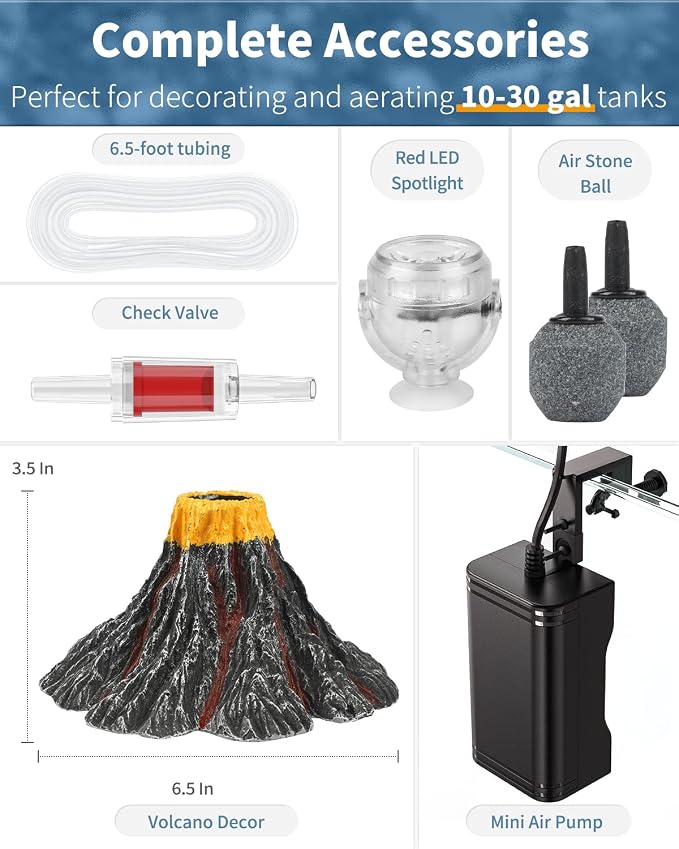 Uniclife Aquarium Volcano Ornament Kit Volcanic Eruption Decoration with Mini Air Pump Red LED Spotlight Air Stone Bubbler Airline Tubing Check Valve Fish Tank Resin Decor for Landscape and Aeration