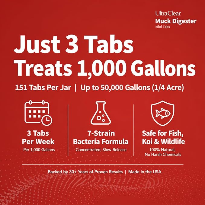 Pond Muck Reducer | Just 3 Tablets Treats 1,000 Gallons | 151 Concentrated Beneficial Bacteria Tabs for Koi Ponds, Fountains & Water Gardens | Reduces Sludge & Odor | Safe for Fish & Wildlife