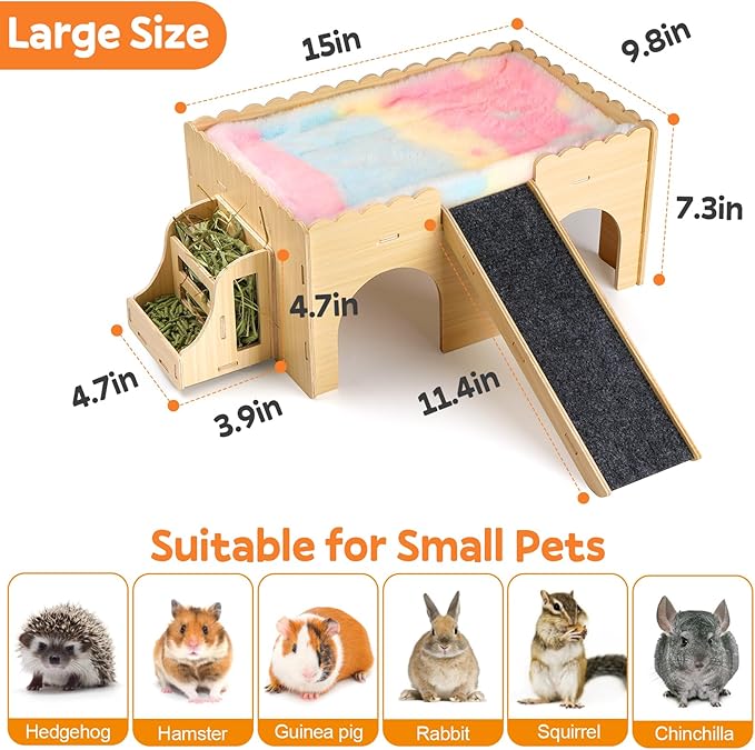 Large Guinea Pig Wooden Hideout with Detachable Snack Hay Feeder, Guinea Pig Castle with Plush Cushion and Ramp - Easy Assembly House for Play, Sleep & Exploration