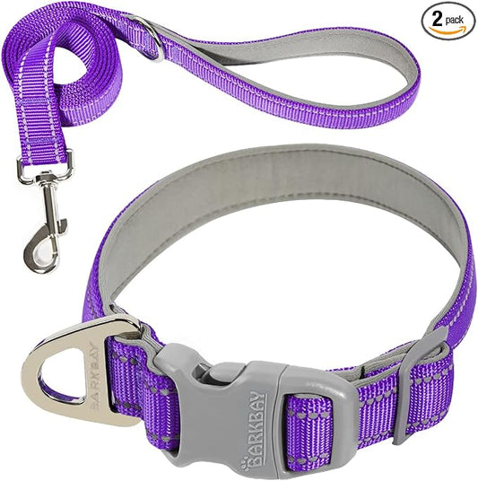 Dog Collar for Medium Small Large Dogs Reflective with Leash,Collar and Leash for Dogs,Soft Neoprene Padded 2 Pack(Purple,M)
