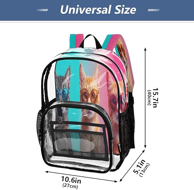 Three Cool Cats Clear Backpack with Back Print, Heavy Duty See Through Backpacks PVC Transparent Daypack for Travel Security