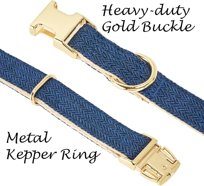 Luxury Soft Cotton Tweed Fabric Dog Collar & Leash Set with Gold Buckle – Durable Fabric, Stylish Design for Everyday Walks(Small Navy)