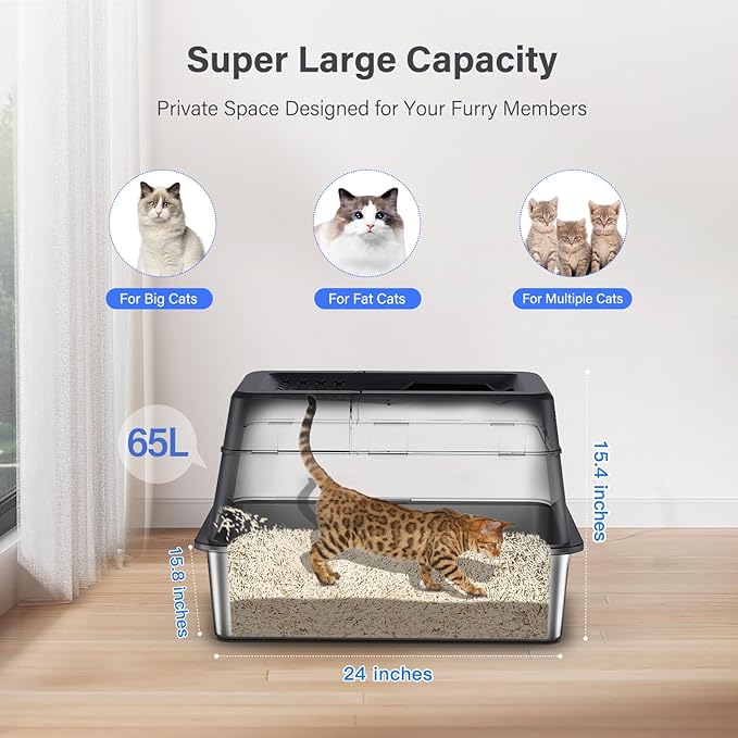 Aphyxen Stainless Steel Litter Box with Lid, XL Extra Large Enclosed Cat Litter Box Fits All Cats Modular Design with Flip Cover, Top Entry Metal High Sided Cat Box & Pedal & Scoop (Black)