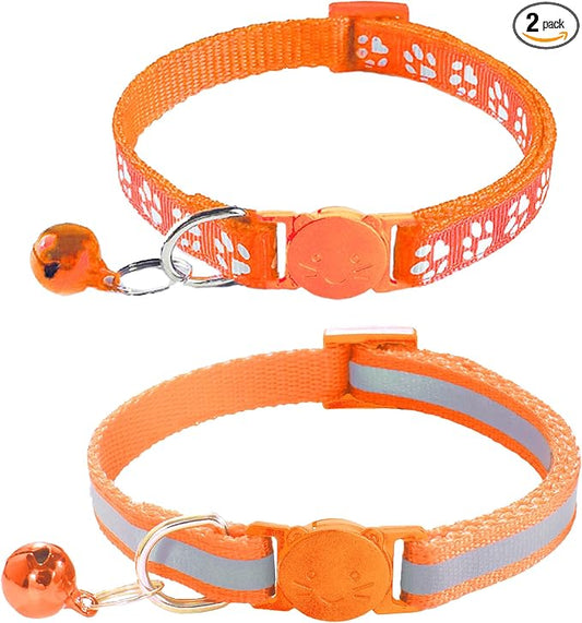 2 Pack Breakaway Cat Collars with Bells, Reflective Design and Claw Print Design, Safety Buckle, Adjustable 7.5-12.5 Inches for Kittens & Cats (Orange)
