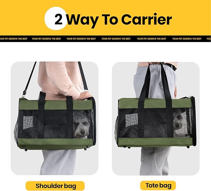 Conlun Cat Carrier Airline Approved, Soft-Sided Dog Carrier with Inner Safety Leash, Pet Transport Carrier for Small-Medium Cats Puppies up to 15 Lbs, Collapsible Travel Kitten Carrier Bag -Green M