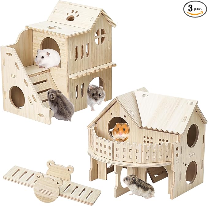 BNOSDM Double Hamster Hideout House, Wooden Hamster Toy with Balcony & Seesaw, Small Animals Hides for Syrian Dwarf Hamsters, Gerbils