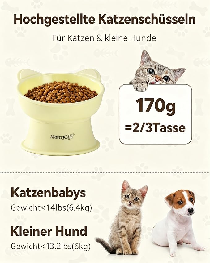 MateeyLife Elevated Cat Bowls, 2P Raised Food and Water Bowl Set for Indoor Cats & Small Dogs, Whisker Fatigue Cat Bowl, Anti Vomit Feeding Pet Bowls, 6 oz Each, Dishwasher Safe - Blue & Yellow