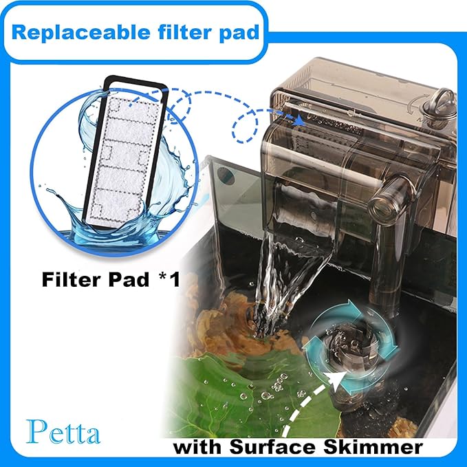 Slim Aquarium Filter with Surface Skimmer,Quiet Hang on Back Fish tank Filter (A-1) for 1-10 Gal Aquariums, 53GPH(200L/H), 3W, 1 Pre-filter Sponge, 1 Filter Pad