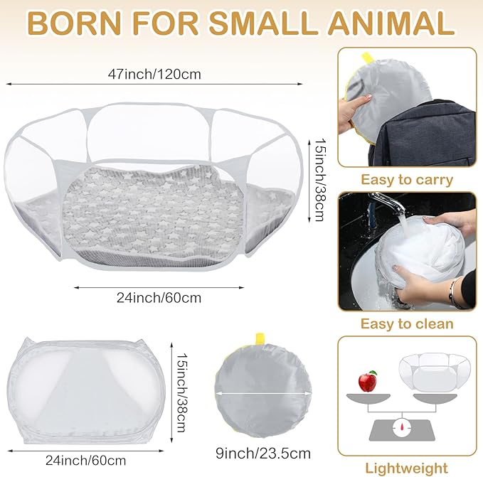 VitalCozy Hamster Playpen with Mat Small Animal Cage Tent Breathable Transparent Guinea Pig Playpen Waterproof Portable Yard Fence Mat Foldable Exercise Playpen Outdoor Indoor (Gray,Star)