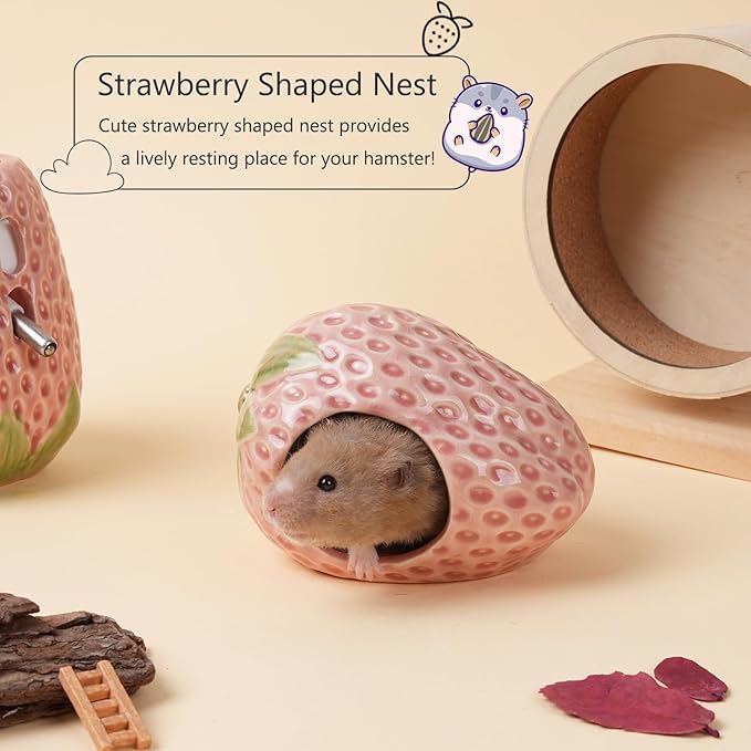 Ceramic Hamster Hideout,Strawberry Dwarf Hamster House,Guinea Pig Habitat Decor, Hideaway House for Gerbil, Cool Bed for All Season(Pink)