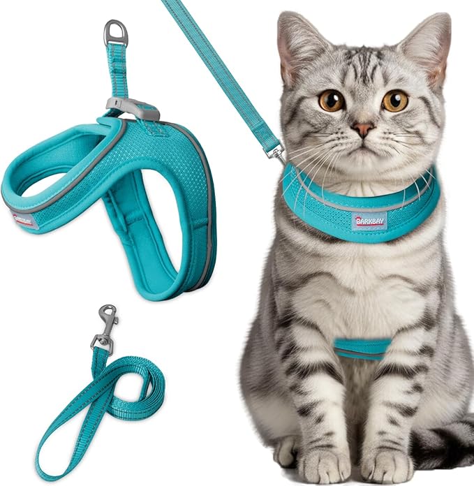 Cat Harness and Leash Set,Escape Proof Kitten Harness,Step in Adjustable Soft Lightweight,Easy Control,Reflective Strips Comfortable for Walking Travel(Ocean Blue,M)