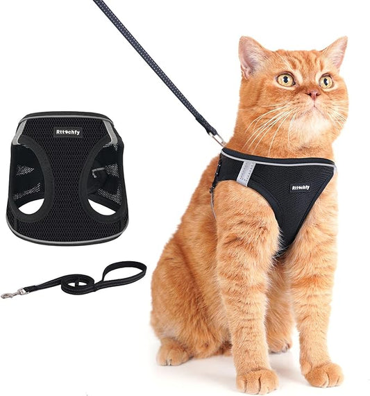 Rttochfy Cat Harness and Leash Set, Escape Proof Kitten Harness, Soft and Breathable Vest with Reflective Strip, Easy to Wear for Cats Walking and Traveling (Black, L)