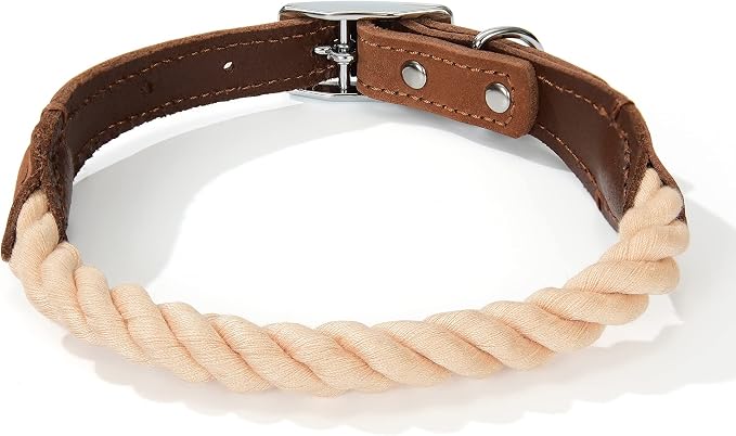 Mile High Life Genuine Leather Dog Collar, Durable Braided Cotton Rope Collar with Metal Pin Buckle for Small Medium Large Dogs (Light Brown, M Neck 15"-18")