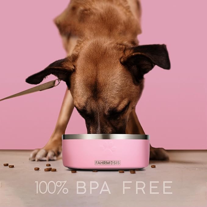 FAHRMOSIS 64 OZ Dog Bowl with Slow Feeder Insert Stainless Steel Pet Water Bowl for Medium & Large Breed Non Slip Rubber Base & Plastic Puzzle Feeder - Pink