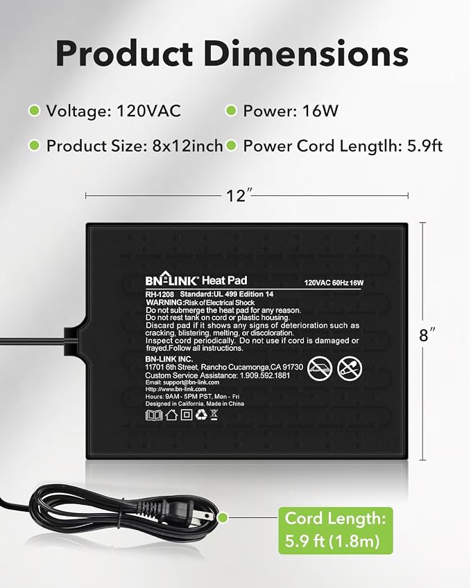 BN-LINK Reptile Heat Pad 8"X12" 16W for 30-40gal Under Tank Terrarium Heating Mat Waterproof for Turtle, Lizard, Frogs, Snake, Hermit Crab 2 Pack