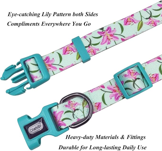 Dog Collar Leash Set, Floral Pattern, Polyester Material, Adjustable Collar and 5ft Matchcing Leash, for Large Dogs.(L, Green Lily)