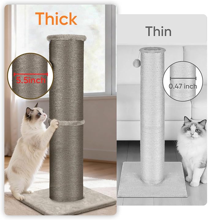 PAWSCRAT Cat Scratching Post 32 Inch High, 5.5 Inch Large Diameter Natural Sisal Cat Scratch Post, Scratch-Resistant and Durable Tall Cat Scratcher for Indoor Cats, Protect Your Furniture, Gery