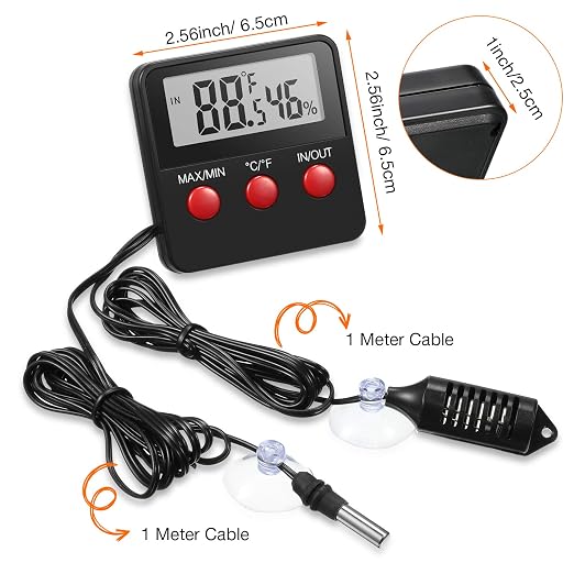 Weewooday 4 Pcs Reptile Thermometer and Humidity Gauge Reptile Terrarium Thermometer Hygrometer with Probes Indoor Outdoor Digital Pet Temperature and Hygrometer Gauge for Pet Keeping