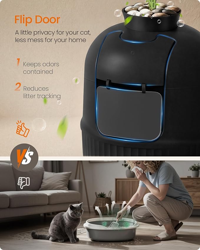 Feandrea Plant Cat Litter Box Enclosure with Artificial Plant, Enclosed Hidden Litter Box Furniture with Door, Carbon Filter, Odor Control, Pebbles, Scoop, Brush, Ink Black UPPT006B101