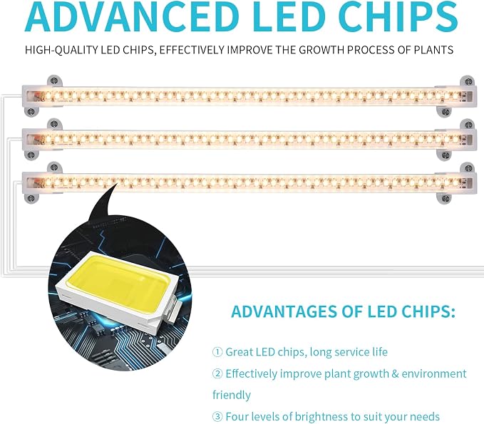 Hywyimlait 3 Head LED Grow Light Strips for Indoor Plants Full Spectrum 3500K, 144 LEDs Plant Light Bar with 3/9/12H Timer, 10 Dimmable Levels for Seedling Succulent, 13 Inches