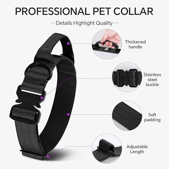 Tactical Thick Dog Collar, Adjustable Training Nylon Dog Collar, Heavy Duty Metal Buckle & Control Handle for Small Medium Large Dogs (M, Black)