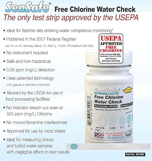 Industrial Test Systems SenSafe 481026 Free Chlorine Test Strip | USEPA Approved Method D99-003 | 0-6ppm | 0.05ppm Detection | No Bleach-Out | Bottle of 50 | Drinking Water, Food Service, Restaurant