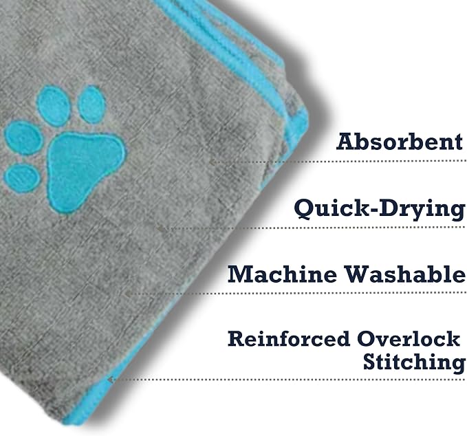 Country Living Large Gray and Teal Microfiber Dog Bath Towel - Quick-Drying, Absorbent, Durable, and Machine Washable, Embroidered Paw Print, 48" x 22" for All Dog Sizes