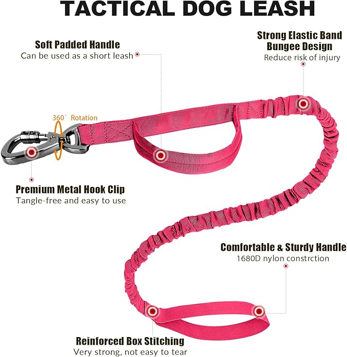 Tactical Bungee Leash & Military Dog Collar Set, USA Flag Adjustable K9 Collar with Heavy Duty Metal Buckle & Handle, Patches & Airtags Case (Pink, XL)