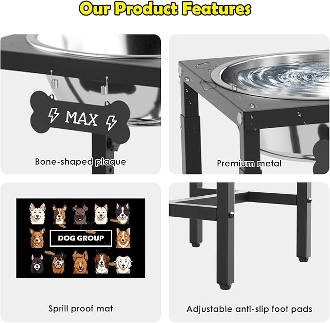 ADENGL 1.6 Gallon Elevated Dog Water Bowl for Large Dogs, 4-Height Adjustable (13–18'') Raised Stainless Steel Bowl with Spill-Proof Mat & Sturdy Metal Stand, Easy-Clean Feeder for Indoor/Outdoor Use