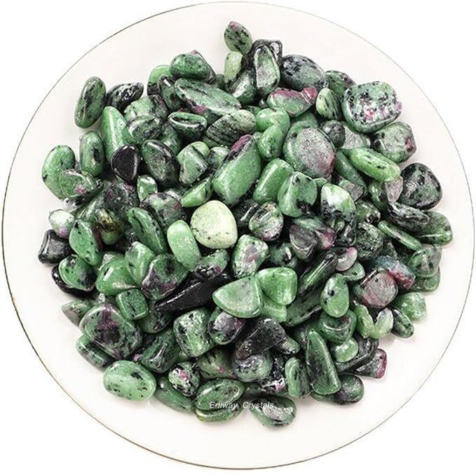 Erliway 100g Natural Green Ruby Zoisite Crystal Chips 7-9mm Tumbled Stones | Small Crushed Crystal Stone, Polished Crystals Chips for Fish Tank, Healing Tumbled Rocks for Reiki Jewelry Making Home Décor