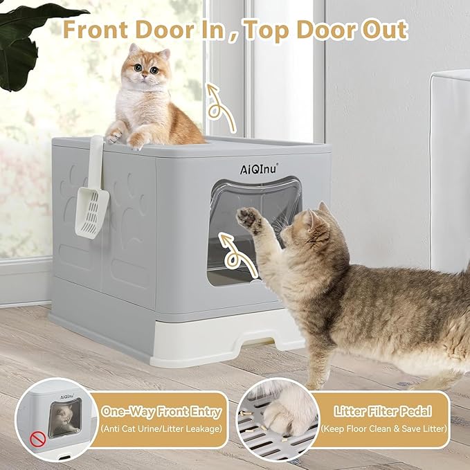 AiQinu XLarge 80L Foldable Cat Litter Box with Lid, Top Exit & Front Entry Kitty Litter Box, Includes Litter Mat & Scoop, Odor Control Anti-Leakage, Easy Clean Large Cat Toilet (Gray)