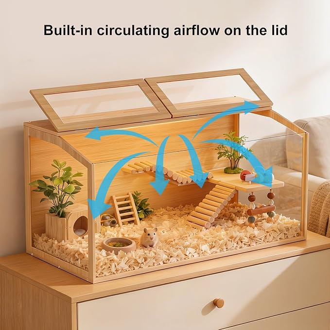 Hamster Cage: Wooden Small Animal Cage with Warm Light - 40Inch Extra Large Clear Hamster House Chewy Proof with Two Openable Breathable Top