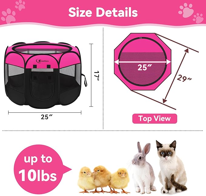 Siedihit Dog Playpen, Puppy Pet Playpens Indoor for Small Dogs Tent Crates Cage Indoor/Outdoor, Portable Pop Up Dog Kennel Playpen with Carrying Case for Dogs/Cats/Rabbits, Hot Pink