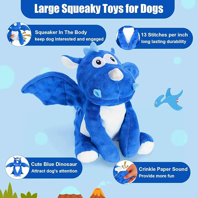 loncoldy Plush Dog Toys, Tough Chew Toys for Dogs, Crinkle Stuffed Squeaky Toy for Small Medium Large Breed, Interactive Plush Toys to Keep Them Busy, Cute Dinosaur Dog Toy, Pet Toys