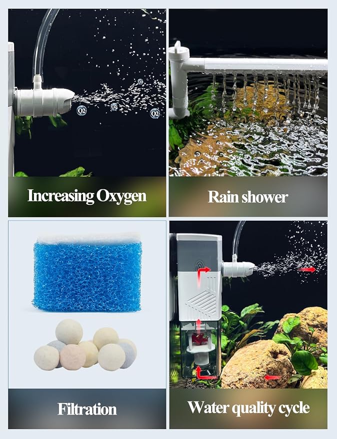 Aquarium Internal Filter, 4 in 1 Fish Tank Filters Pump Sponge Filter Ultra Silent Adjustable Submersible Power Filter for Fish Tanks 5-30 Gallon, 160 GPH, 10W
