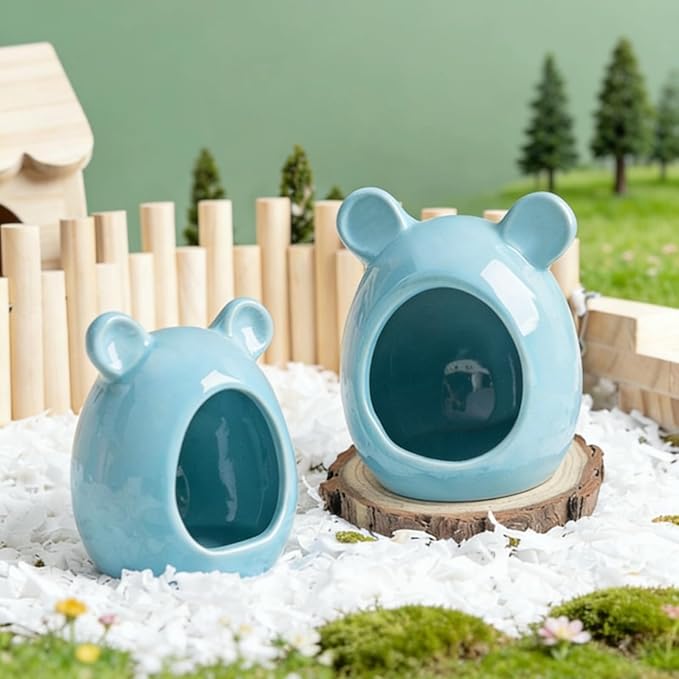 Ceramic Hamster Hideout Cute Guinea Pig House Summer Cool Bed for Ferrets Hedgehog Sugar Glider Cage Accessories (Blue)