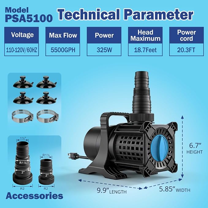 Pond Pump, 5100 GPH Adjustable Flow Submersible Water Pump with Filter Bag, UL Listed Copper Motor, IPX8 Waterproof 20.3ft Cord for Koi Pond, Fountain, Waterfall, Hydroponics, Irrigation