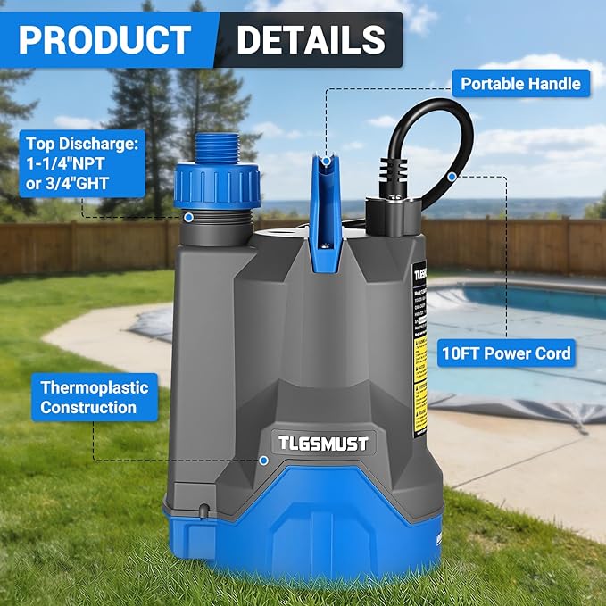 Submersible Water Pump, 1/3 HP 2450GPH Utility Pump Thermoplastic Electric Portable Transfer Water Pump for Swimming Pool Basement Flood Garden Pond Draining, Blue