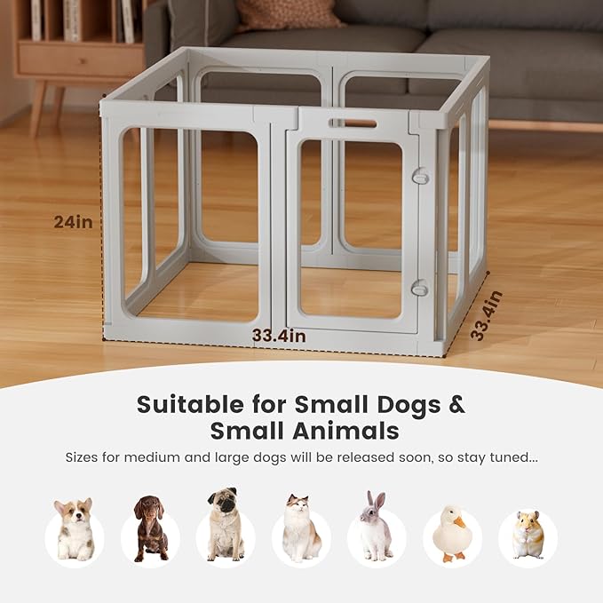 Clear Acrylic Dog Playpen - 33.4 x 33.4 Inch, 24" H 8 Planes Transparent Dog Fence Indoor, Sturdy Pet Pen for Puppy/Small Dog/Rabbit/Pig, Easy Assemble & Cleaning Plastic Whelping Box Enclosure, Grey