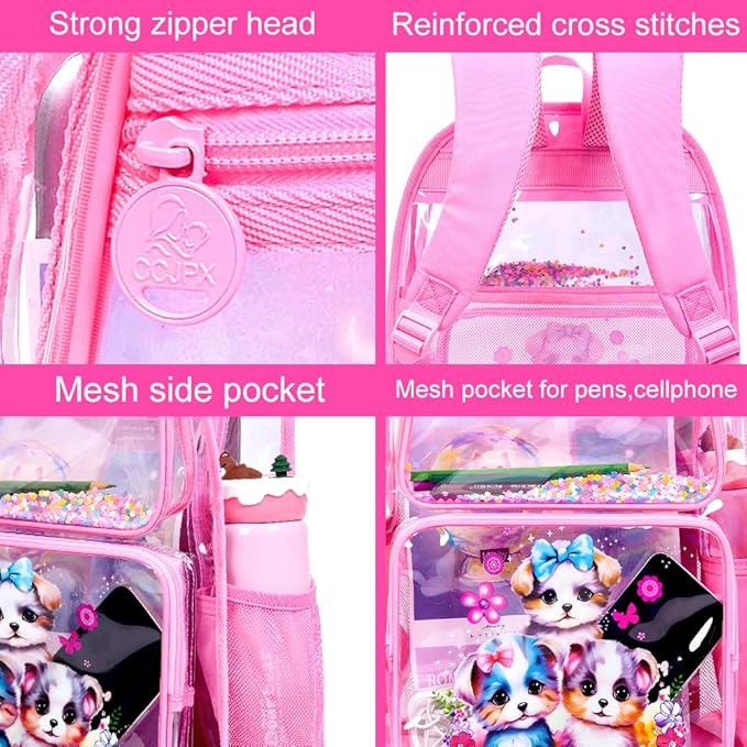 Clear Backpack for Girls and Boys, Kids Transparent Bookbag, 3PCS Cute See Through School Bag for Elementary Prechool