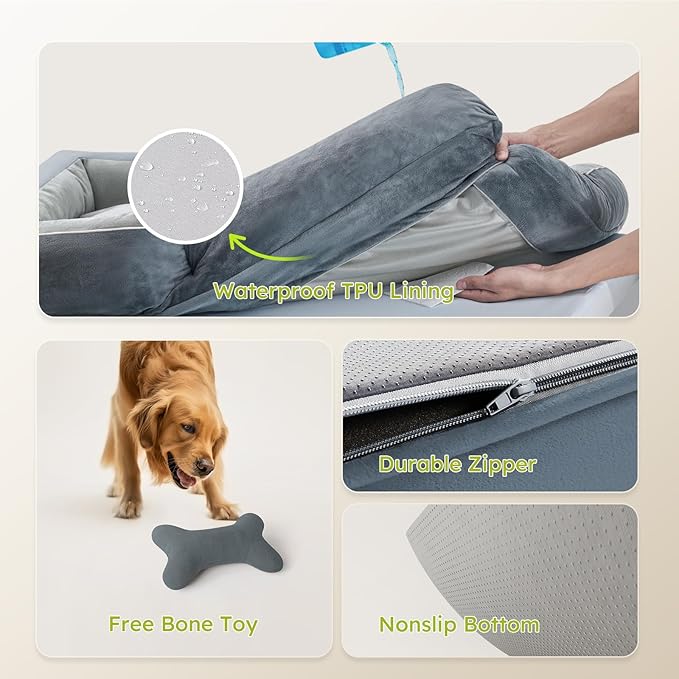 CWAWZ Jumbo Dog Bed for Extra Large Dogs, Orthopedic Dog Bed with Cooling Gel Memory Foam, Waterproof Pet Bed with Removable Washable Cover, 45" Pet Sofa Couch Dutch Velvet with Bone Toy, Dark Gray