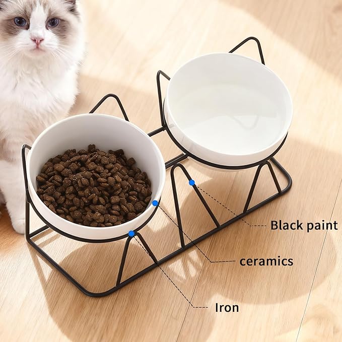 Elevated Cat Food Bowl,Ceramic Raised Water Bowl for Indoor Cats, 15°Tilted Metal Stand Anti Vomiting and Protect Spines,Whisker Fatigue Feeding Dishes,Non-slip and Dishwasher Safe
