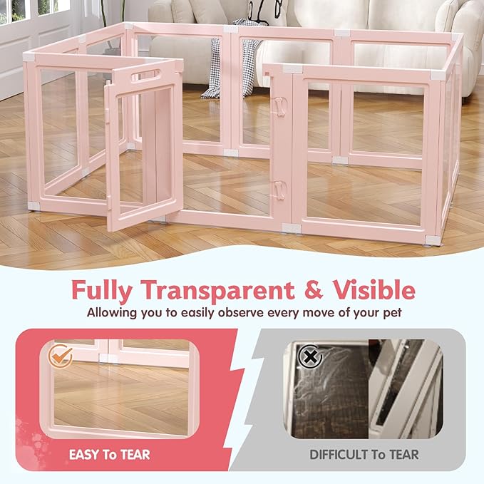 DIY Clear Acrylic Dog Playpen Indoor, Transparent Easy Cleansing Puppy Fence with Suction Cup, Easy-Assemble Indoor Whelping Crate for Small Puppies (23.6" H, 10PCS), Pink