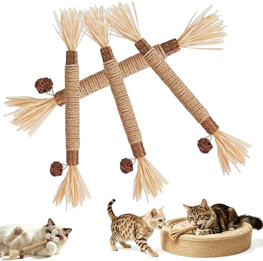 Natural Silvervine Dental Sticks, Silver Vine Sticks Cats with Raffia, Chew Sticks for Cats, Cat Chew Rope for Enrichment Pet Supplies, Calm Cat Boring (4PCS)