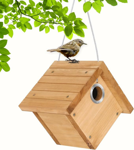 Gtongoko 1-1/8" Entrance Hole Wren House, Hanging Wren Bird Houses for Outside for Nesting with Metal Guar Bird Nest with Air Vents, Clean Door for Wildbird Watching 1 Pack
